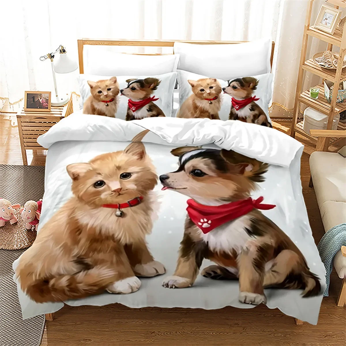 Brown Painted Art Dog and Cat Duvet Cover for Children Teen Boys Room Decorations Microfiber Animal Theme Cute Pet Puppy Queen