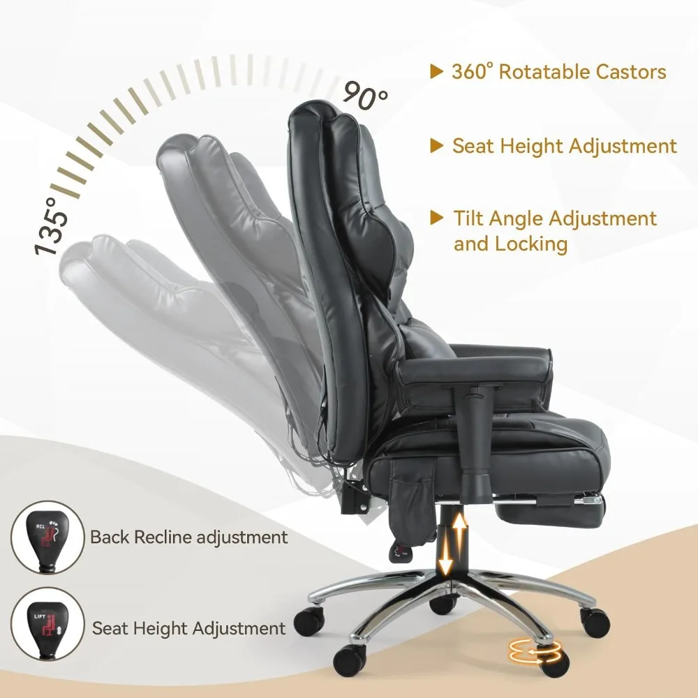 كرسي مكتب تنفيذي مريح عالي الظهر من جلد البولي يوريثان مع تدليك 6 نقاط وتدفئة ودعم قطني للعمل المريح Env