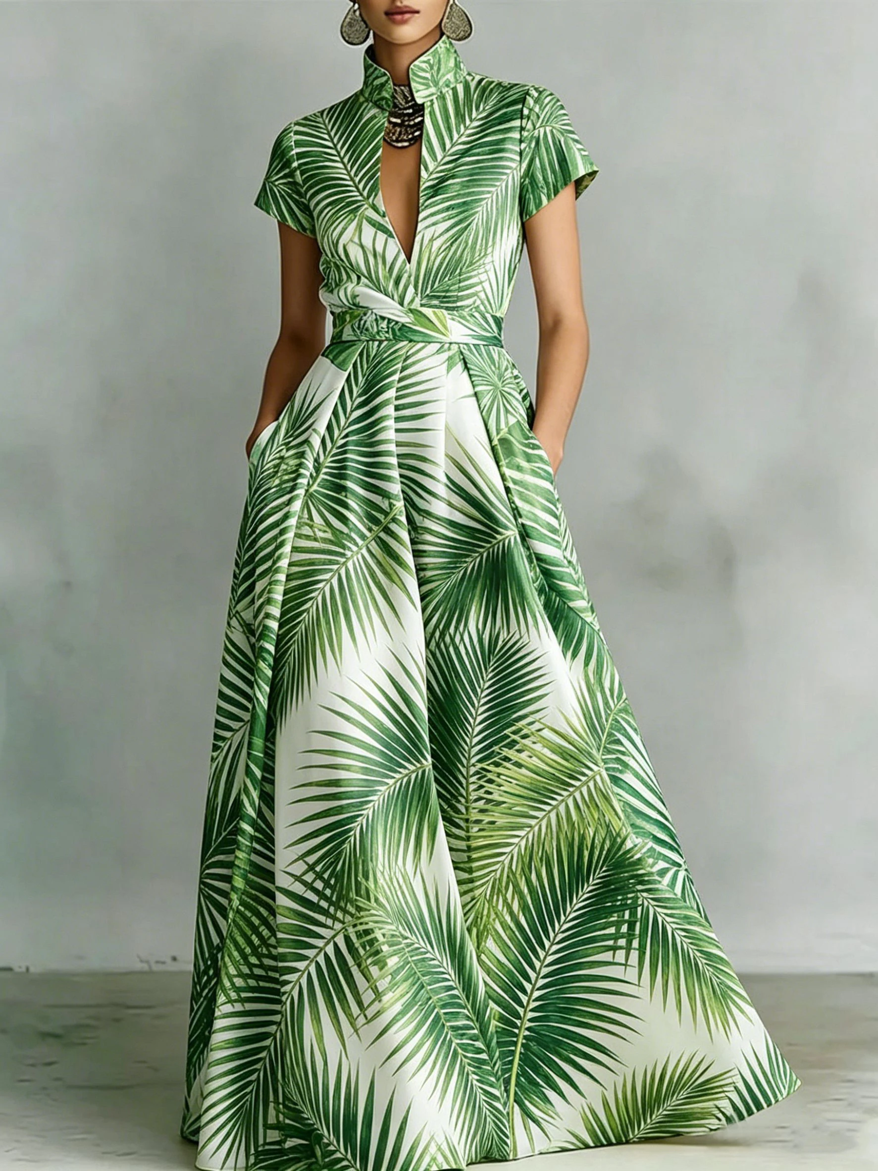 

Elegant Watercolor Palm Leaf Printed Dress Classic Chic Vintage Sleeveless A-Line Midi Dress Formal Casual Occasions Dress
