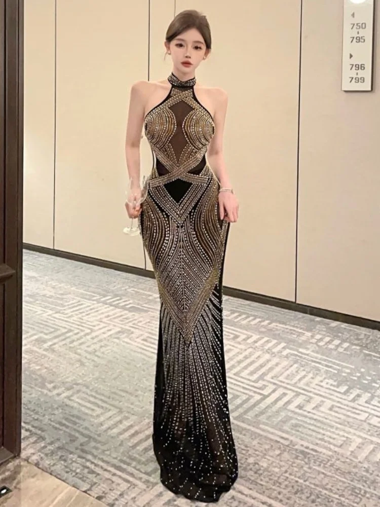 

Women Sexy Off The Shoulder Sleeveless Stand Collar Luxury Diamonds Hot Rhinestones Maxi Dress Sexy Party Long Dresses Vestidos