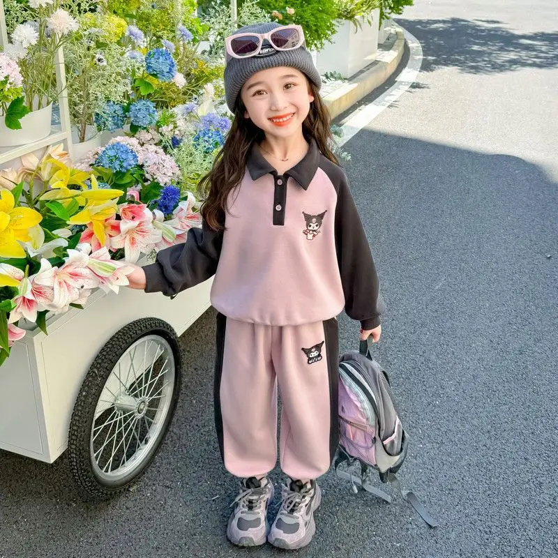 Sanrio Girl Spring Autumn Hoodie Pants Set 2Pcs Cartoon Kuromi Print Lapel Tops Children Suit Cute Loose Leisure Kids Sportswear