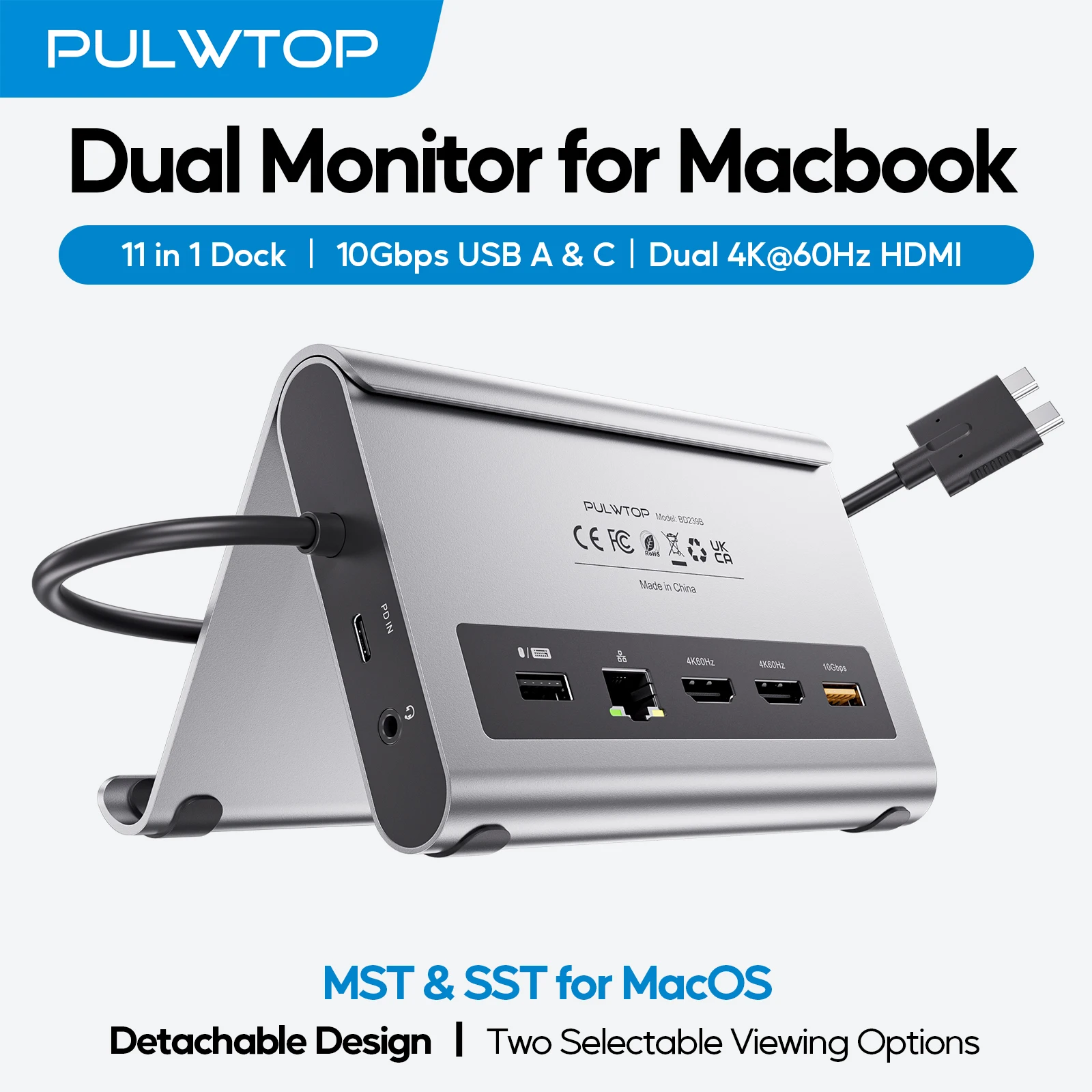 

PULWTOP MacBook Docking Station Dual Monitor 4K60Hz with 2 HDMI, PD, Ethernet, USB-A/C 10Gbps, for MacBook Pro/Air M3 Pro/M4