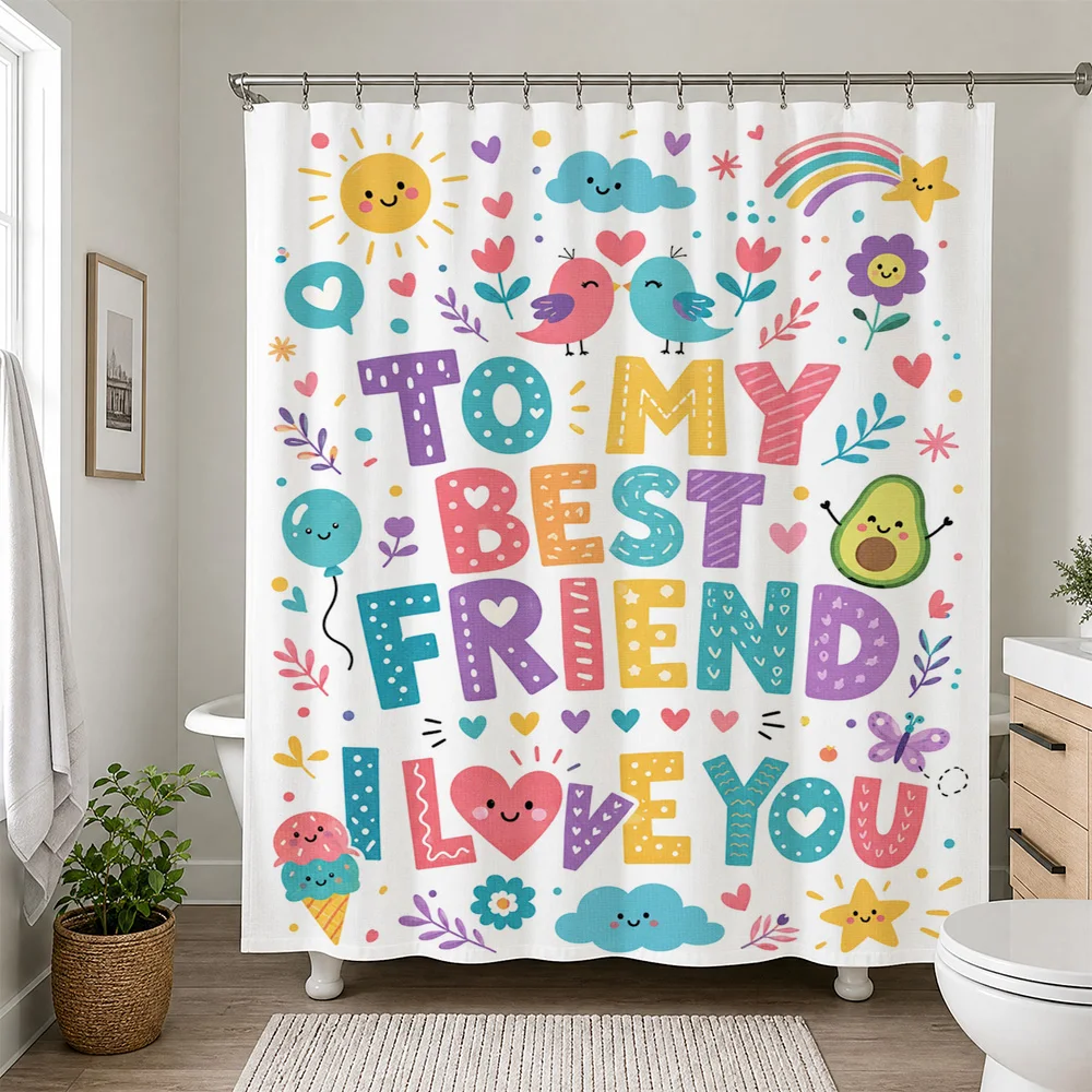 Best Friend Love You Shower Curtain Cute Rainbow Friends Gift Bathroom Decor Watercolor Style