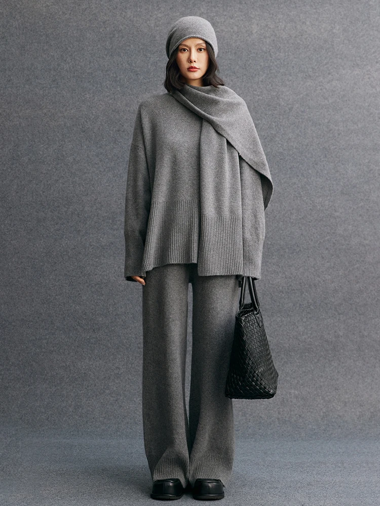 CHICUU Women O-neck Pullover Wide Leg Pants Scarf 100% Cashmere Set Autumn Winter High Quality Thick Warm Cashmere Sweater Suit