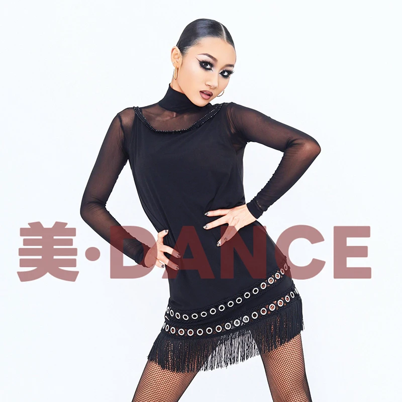 فستان رقص لاتيني بدون ظهر للنساء ملابس ممارسة بدون أكمام شرابة سوداء فستان قصير للكبار رومبا تشا تشا ملابس رقص DNV25927 #6