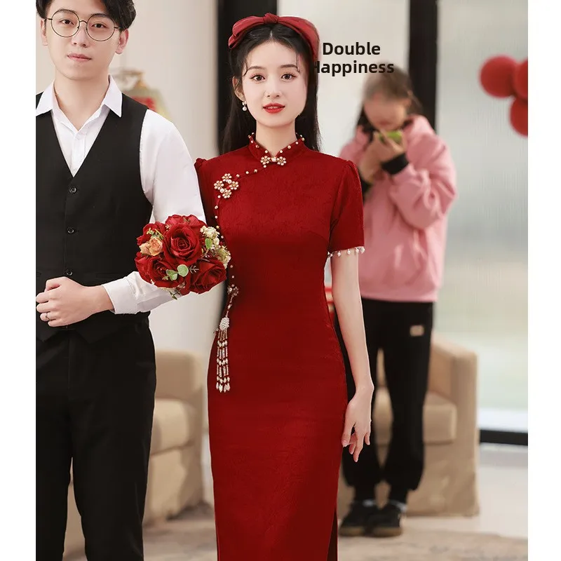 

Youthful Wedding Dr Wine Red Chinese Sle Return Home Matrimony Fem Faionable mid Waist Ball Gown Skirt