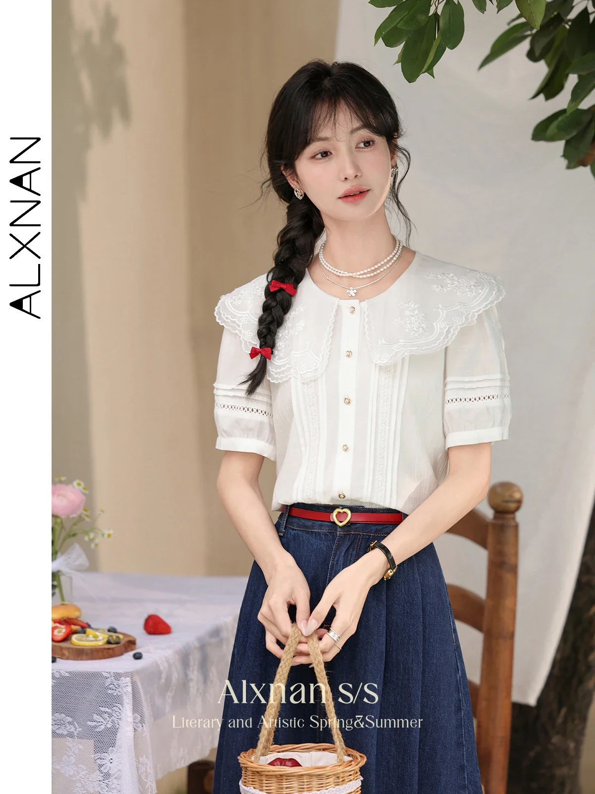 

ALXNAN Sweet Peter Pan Collar Short Sleeve Off White Shirt & Blouse 2024 New Casual Summer Tops Loose Button Up Shirts L35355