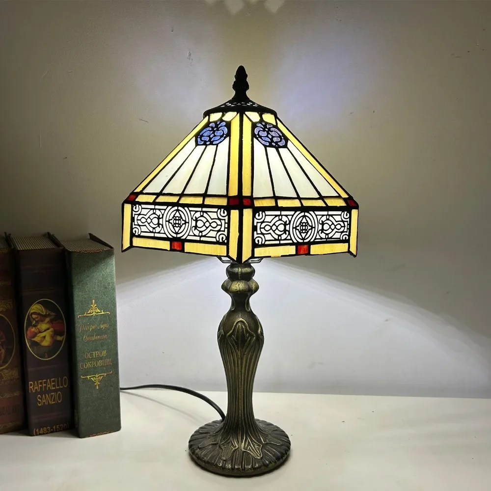 

Antique Hand-Crafted Tiffany Stained Glass Bedside Lamp for Bedroom Dragonfly Morning Glory Lampshade Table Desk Light