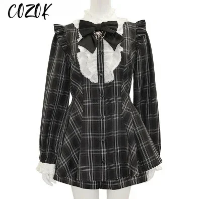 Japanese Shorts Set Gothic Y2k Lolita Plaid Dress Women Sweet Bow Lace Collar Puff Sleeve Party Dresses Female A-Line Dress