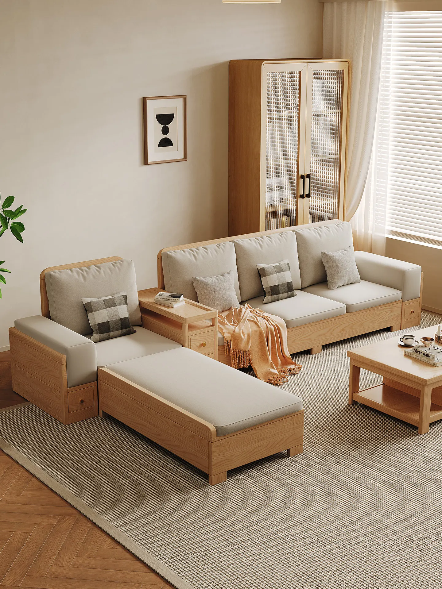 Ash wood all-solid wood sofa Nordic log style small apartment household living room storage straight row sofa winter and summer