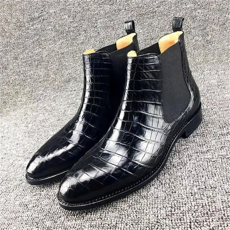 Men Classic Chelsea Boots PU Crocodile Pattern Square Toe Wear Fashion Versatile Business Casual Street Party Daily Dress Shoes