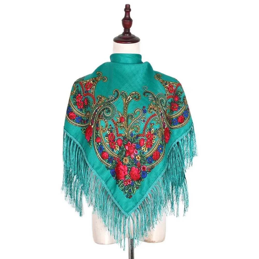 Russian Square Scarf Traditional Ukrainian Shawls Women Luxury Floral Print Fringed Bandana Spanish Ethnic Style Head Wraps