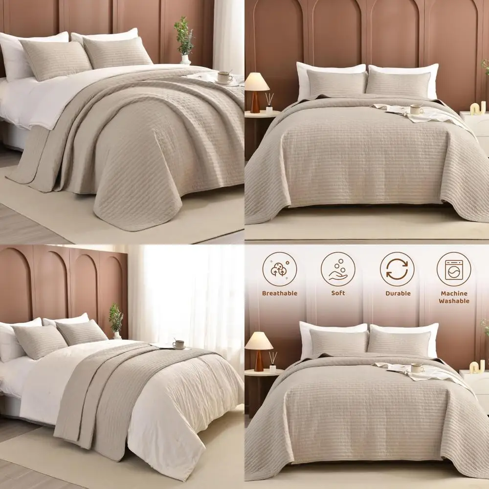 

Oversized King Size Quilt Bedspreads 128x120 Inches, 100% Cotton California King Coverlet Set, Linen Colored 3-Piece Bedding