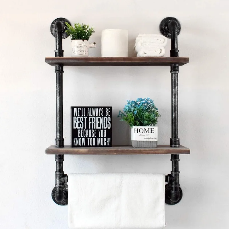 Industrial Pipe Shelf Bathroom 2 Tier Farmhouse Towel Rack Over Toilet,Pipe Shelving Floating Shelves Towel Holder,Retro Grey