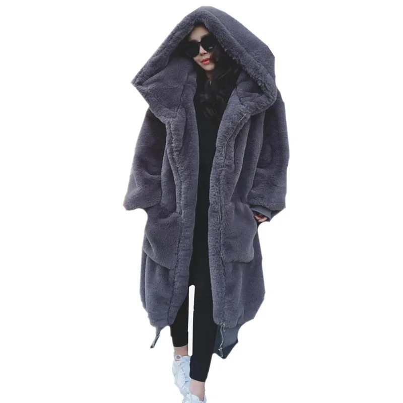 VOLALO Winter Warm Hooded Large Size Medium Length Solid Color Fur & Faux Fur Women 2024 New Casual Long Sleeve Women Fur Coat