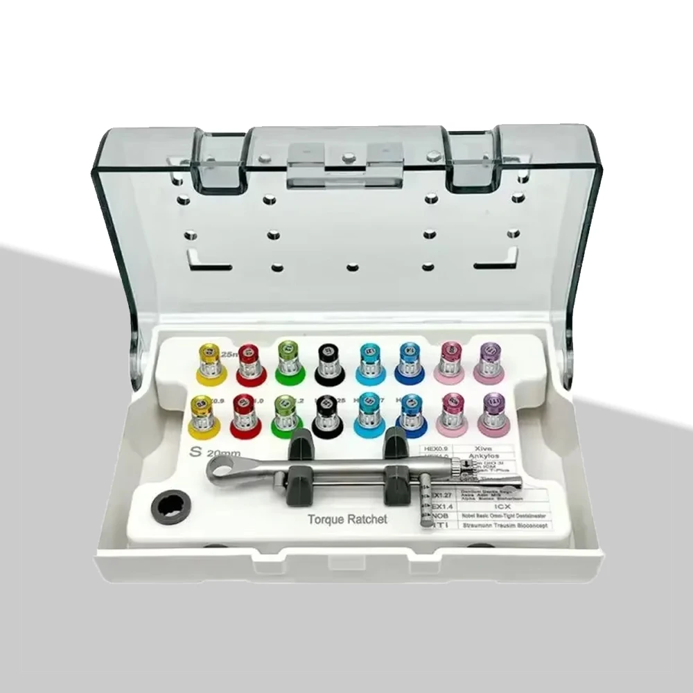 

1 комплект, набор отверток для зубного имплантата с динамометрическим ключом и ручным отверткой, автоклавируемая коробка для инструментов для профилактической хирургии