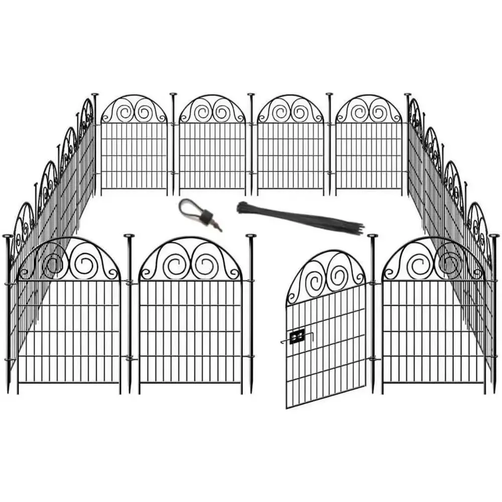 

40 H x 27 L Tall Garden Animal Barrier with Gate, 12 Black Metal Panels for Dog Digging Protection, Reusable Outdoor Yard Enclos