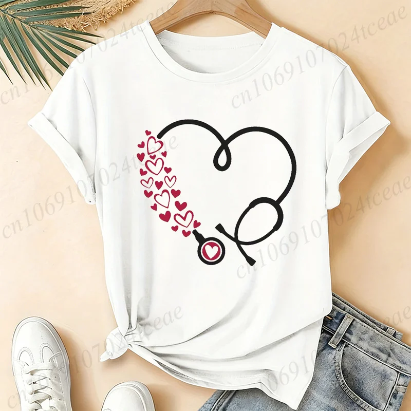 Heart‑Shaped Stethoscope Print T Shirt For Women Cute Nurse Healthcare Worker Casual O‑Neck Short Sleeve Tops Nursing Gift Tee