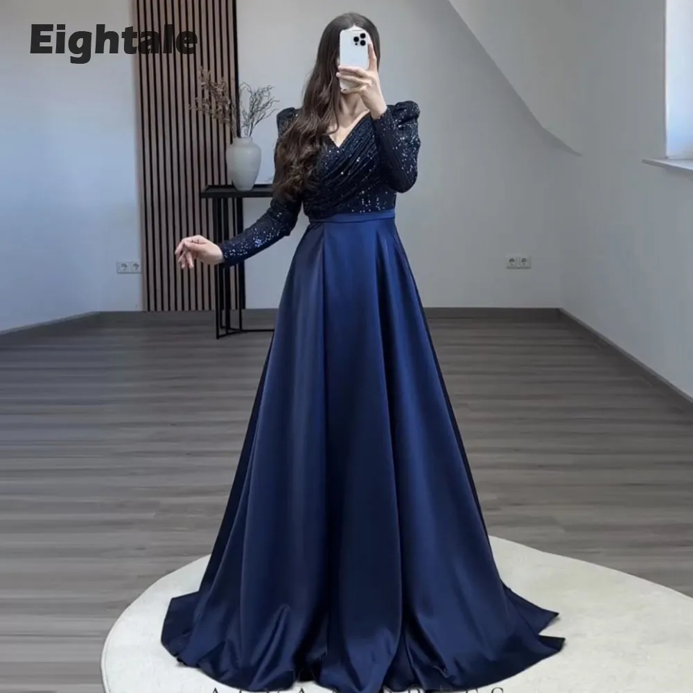 

Eightale Arabic Evening Dresses Navy Blue Long Sleeve Prom Gown Satin Sequin Shiny Wedding Guest Party Gown Robes De Soirée