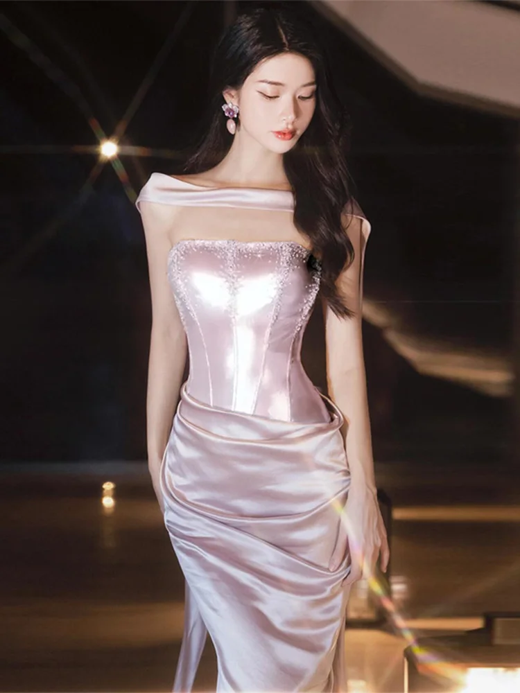 

Розовое вечернее платье с пайетками и шлейфом в стиле русалки, роскошное, модное, с молнией и декоративными элементами на талии, для торжественных мероприятий