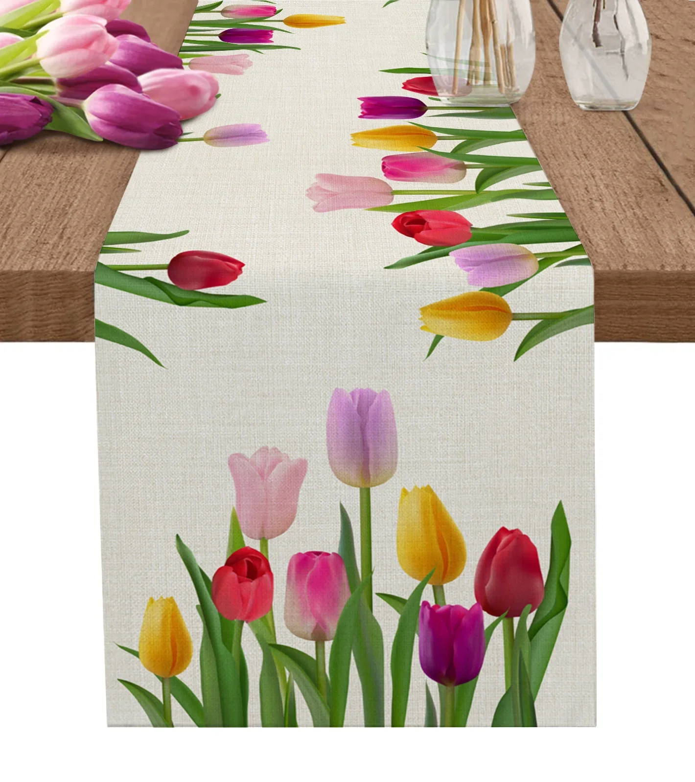 Camino de mesa de lino con flores de tulipán, decoración de mesa de centro de boda, comedor de fiesta, antiincrustante, 2024