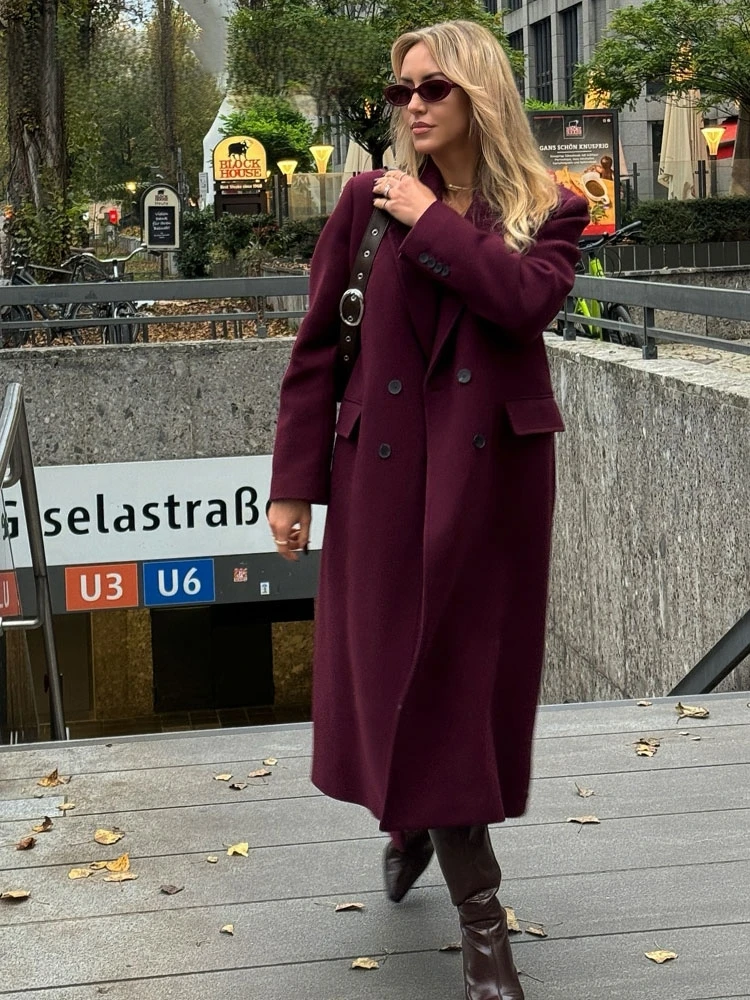 معطف صوفي أنيق للنساء باللون العنابي مزدوج الصدر وأكمام طويلة وطية صدر السترة يمزج سترة الخريف والشتاء ملابس خارجية عالية الشارع #2
