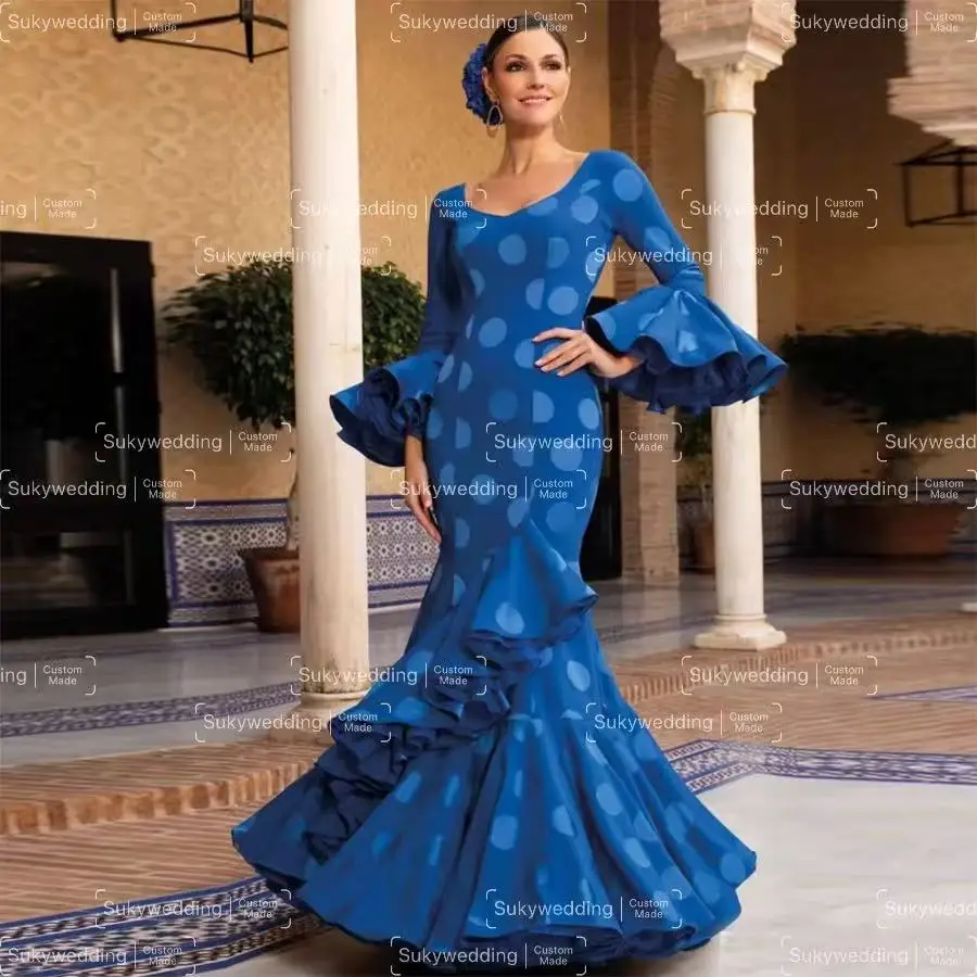 

Blue Retro Palace Mermaid Prom Dresses Long Sleeves Mesh Ruffles Polka Dot Ruffles Skirt Flamenco Dress for Women Party Gowns