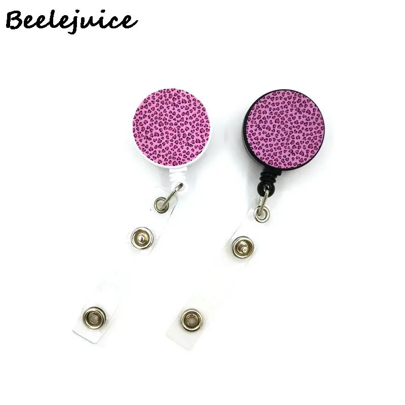 Pink Leopard Print ID Retractable Badge Holder Reel ID Badge Holder Clip Key Ring for Name Card Keychain Nurse Work Decorations