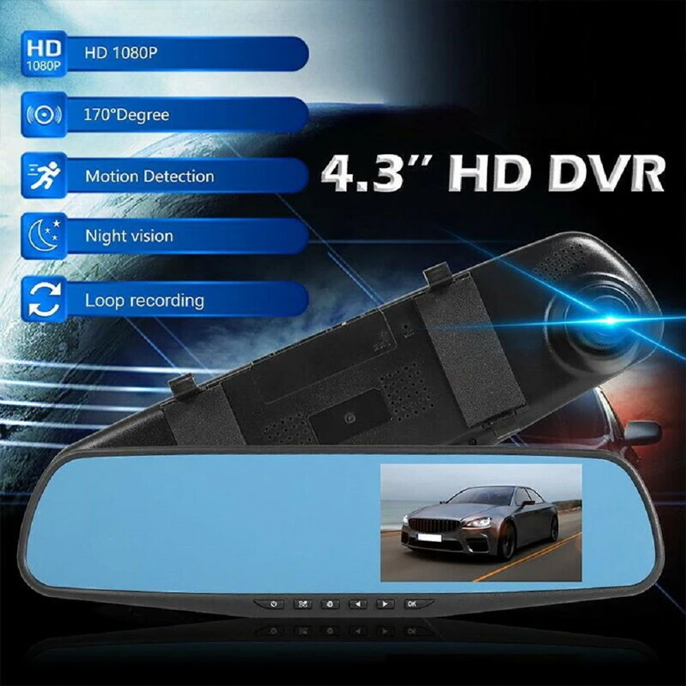 4.3 inch Large Screen Rearview Mirror Tachograph 170° Wide Angle Dual Lens 1080P Night Vision Car Video Recorder General Purpose