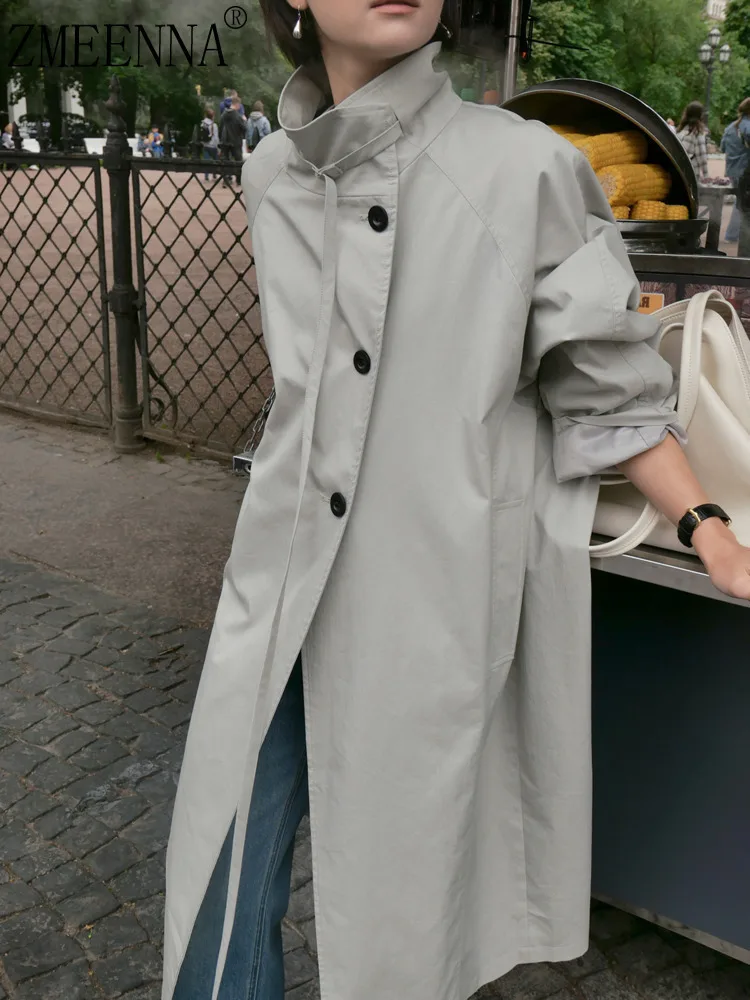 

ZMEENNA Elegant Light Gray Stand Collar Trench Coat For Women Stylish Long Sleeve Button Front Oversized Jacket ZM3590
