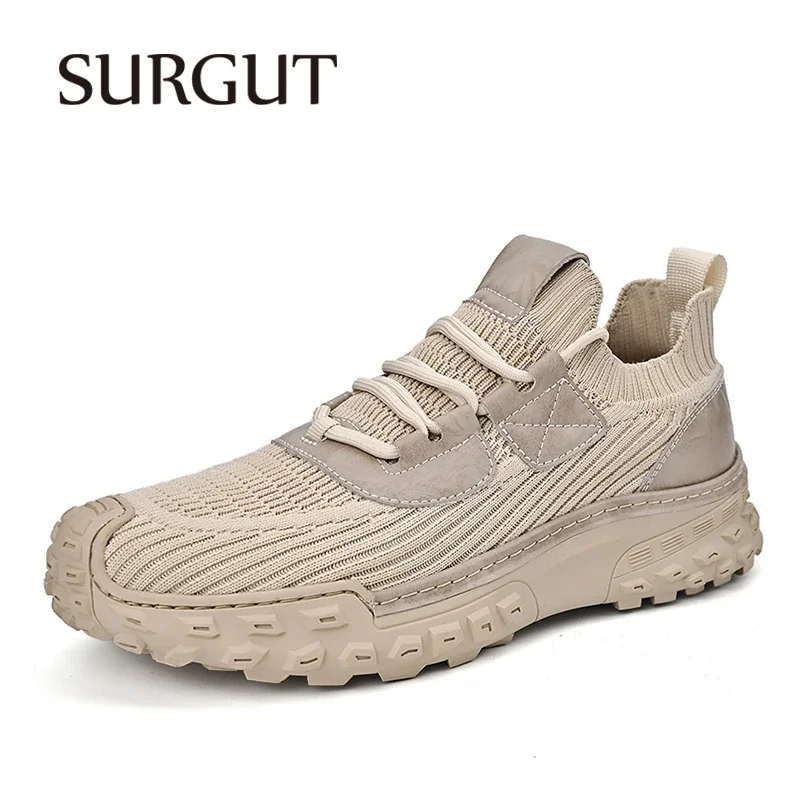 

SURGUT Men Casual Shoes Fashion Knit Sock Mouth Shoes All Season Manual Stitching Soft Comfortable Men Walking Shoes Size 38-46