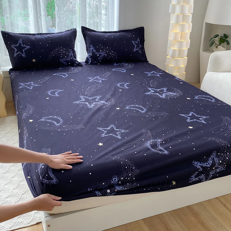 Blue Starry Waterproof Fitted Sheet Set Kids Teens Bedroom Cartoon Star Pattern Bedding with 2 Pillowcases Full Size Bed Cover