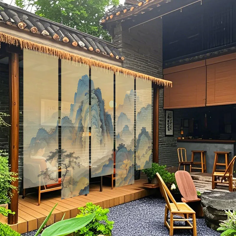 Zen Landscape Semi-Transparent Gauze Drapery Hanging Scroll, Tea Room Divider Background Wall Decor for Living Room Home Decor