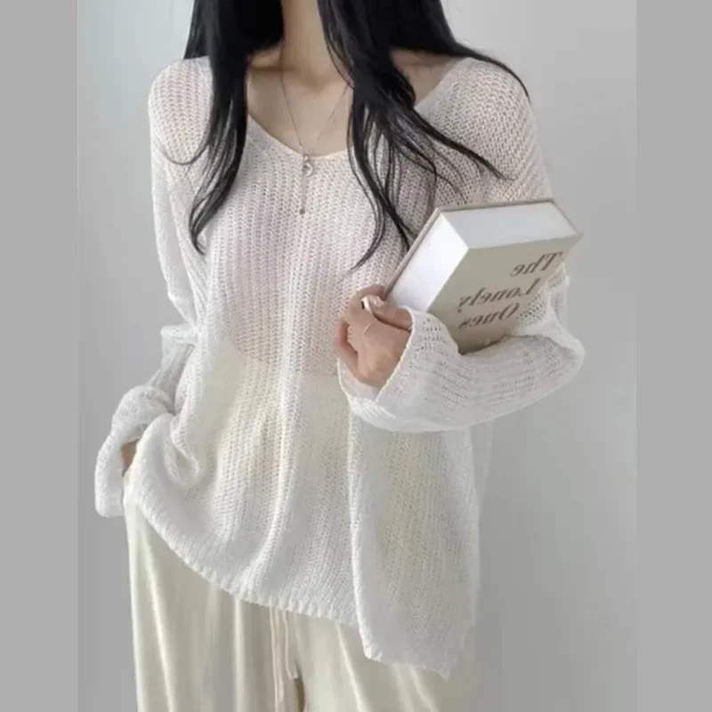 Fashion Knitted Mesh Pullover Women Summer Autumn thin v-neck Casual Ladies loose Hollowed Out Tops Female Sunscreen cover shirt