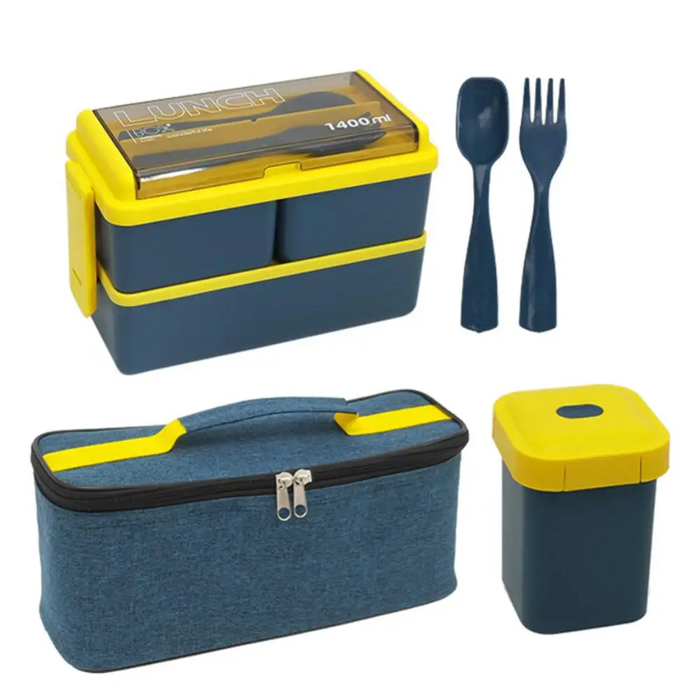 Double Layer Lunch Box For Kids School Microwave Bento Box With Fork Spoon Storage Bag Dinnerware Set Food Storage Container