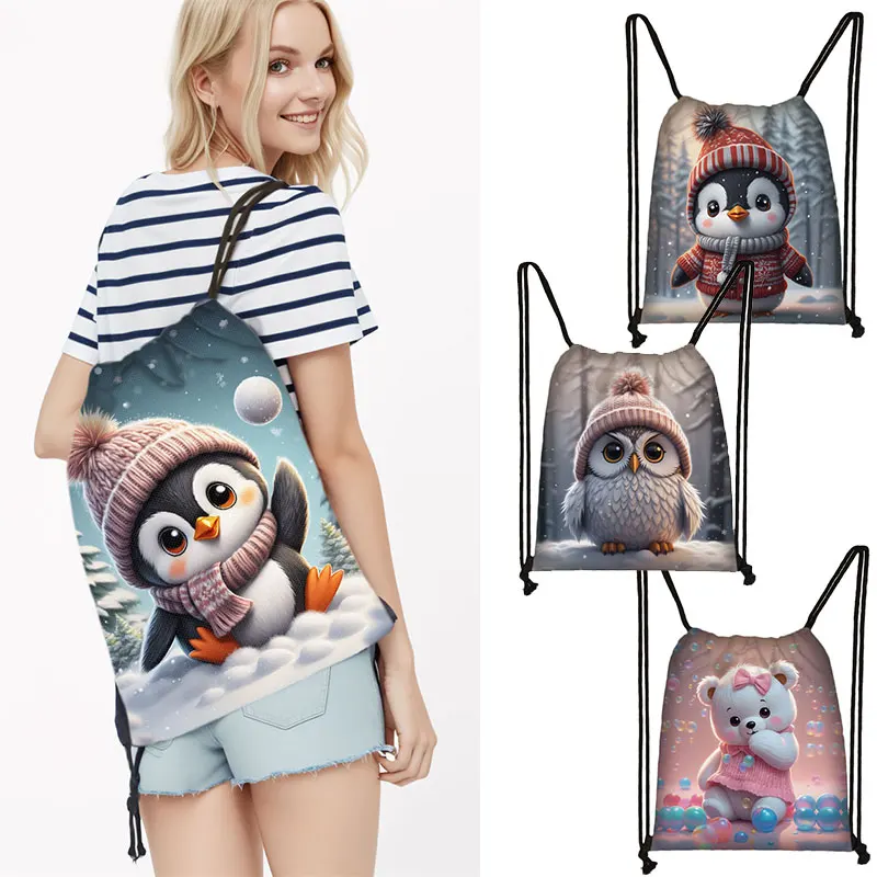 

Милый рюкзак с мультяшным рисунком мыши, пингвина, медведя, кролика, вместительные Сумки на шнурке для путешествий, женская сумка для хранения, рюкзак, сумки для книг