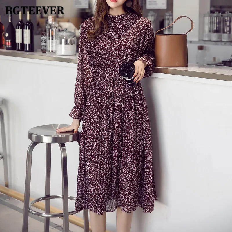 BGTEEVER Chiffon Bohemian Dress Autumn Loose Pleated Dresses Women  A-line   Flower Print Floral Dot Female Vestidos Plus Size