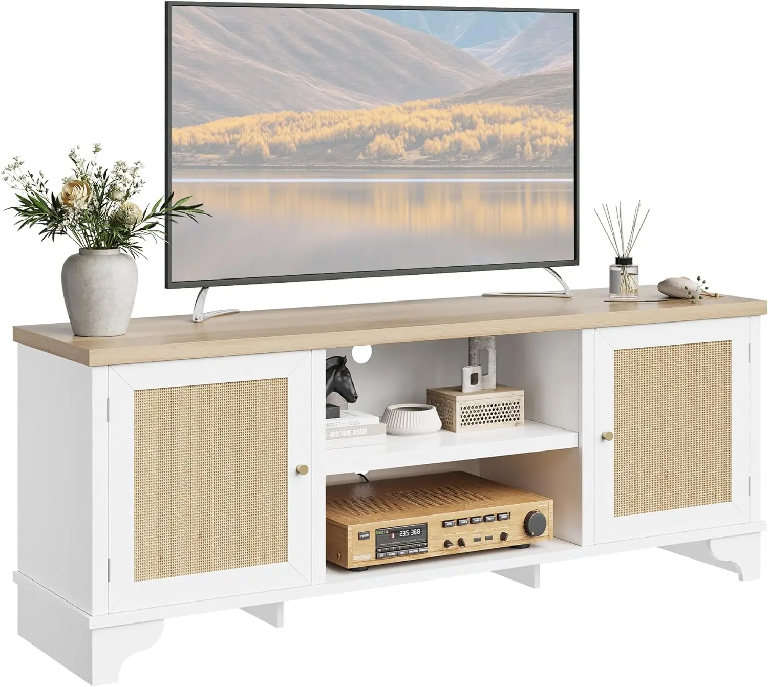 

Белая тумба под телевизор из ротанга для телевизора 70 дюймов, развлекательный центр в стиле бохо с шкафами для хранения и открытыми полками, деревянный медиа-центр 62 дюйма