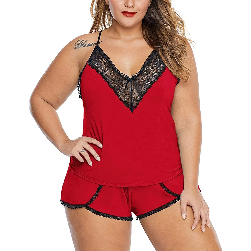 Plus Size Lace Camisole Tops+Short Pants 2023 Oversized Women\'s Solid Sex Lingerie Set For Female Casual Underwear Sleepwear