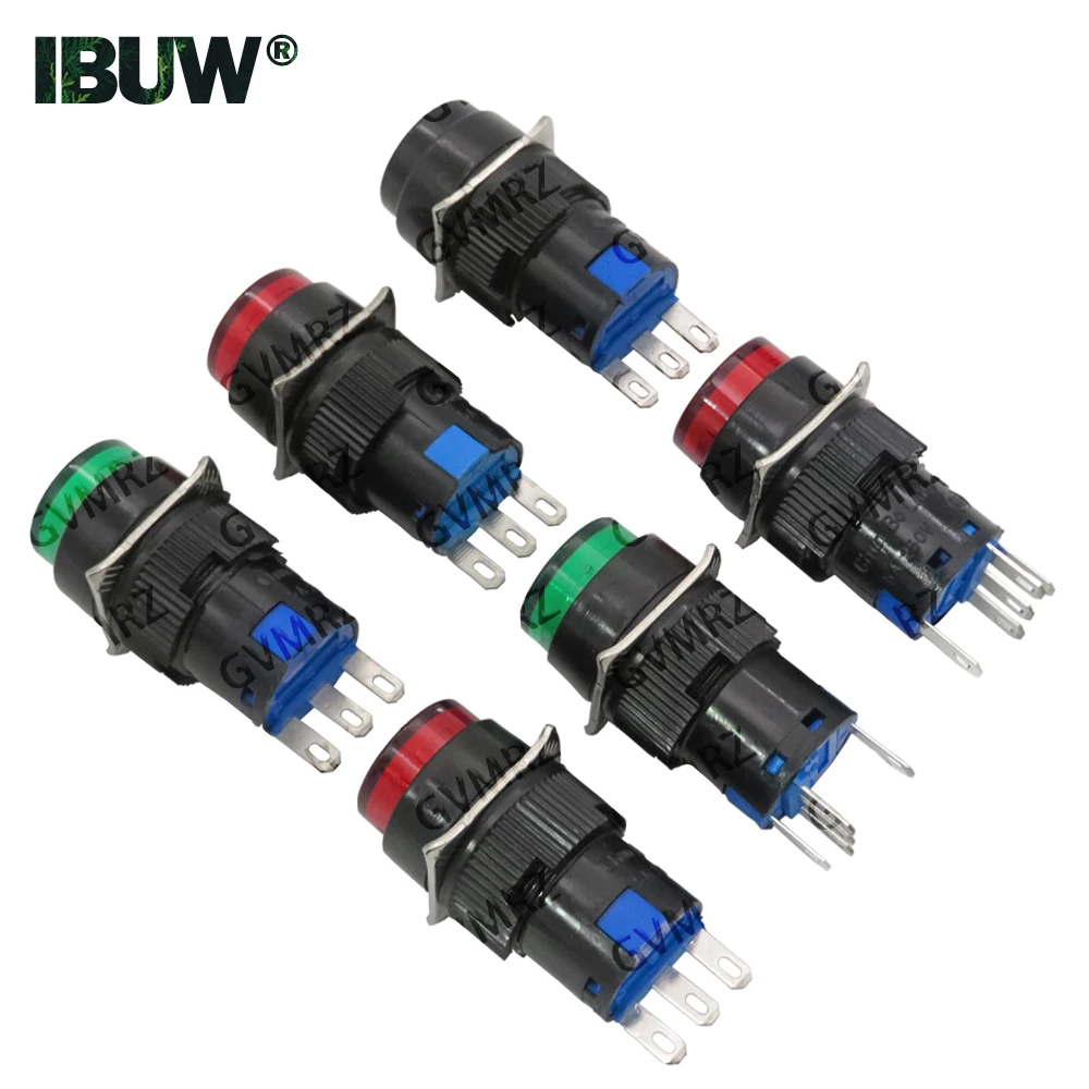 2PCS 3P 5P LA16 push button switch with self reset and self-locking circular starting power supply 16mm with light/without light