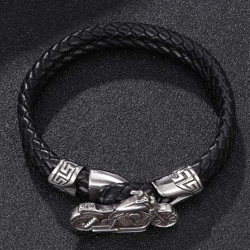 Punk Metal Motorcycle Bracelet Handwoven Double Layer Leather Bracelet Men Hip Hop Rock Bike Riding Jewelry Accessory