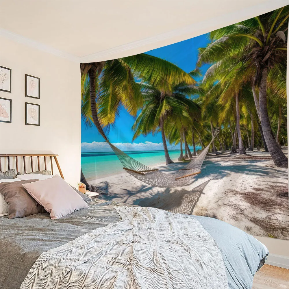 

Blue Sky Coconut Tree Tapestry Wall Hanging Cloth Beach Landscape Living Room Bedroom Decoration Background Poster Bed Sheet