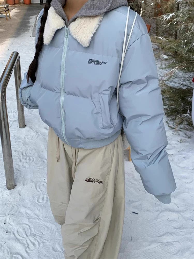 

Retro American Lamb Fur ort Cotton Jaet Women's Winter Outerwear Warm Trendy Cact Size Korean Sle Commute Faion