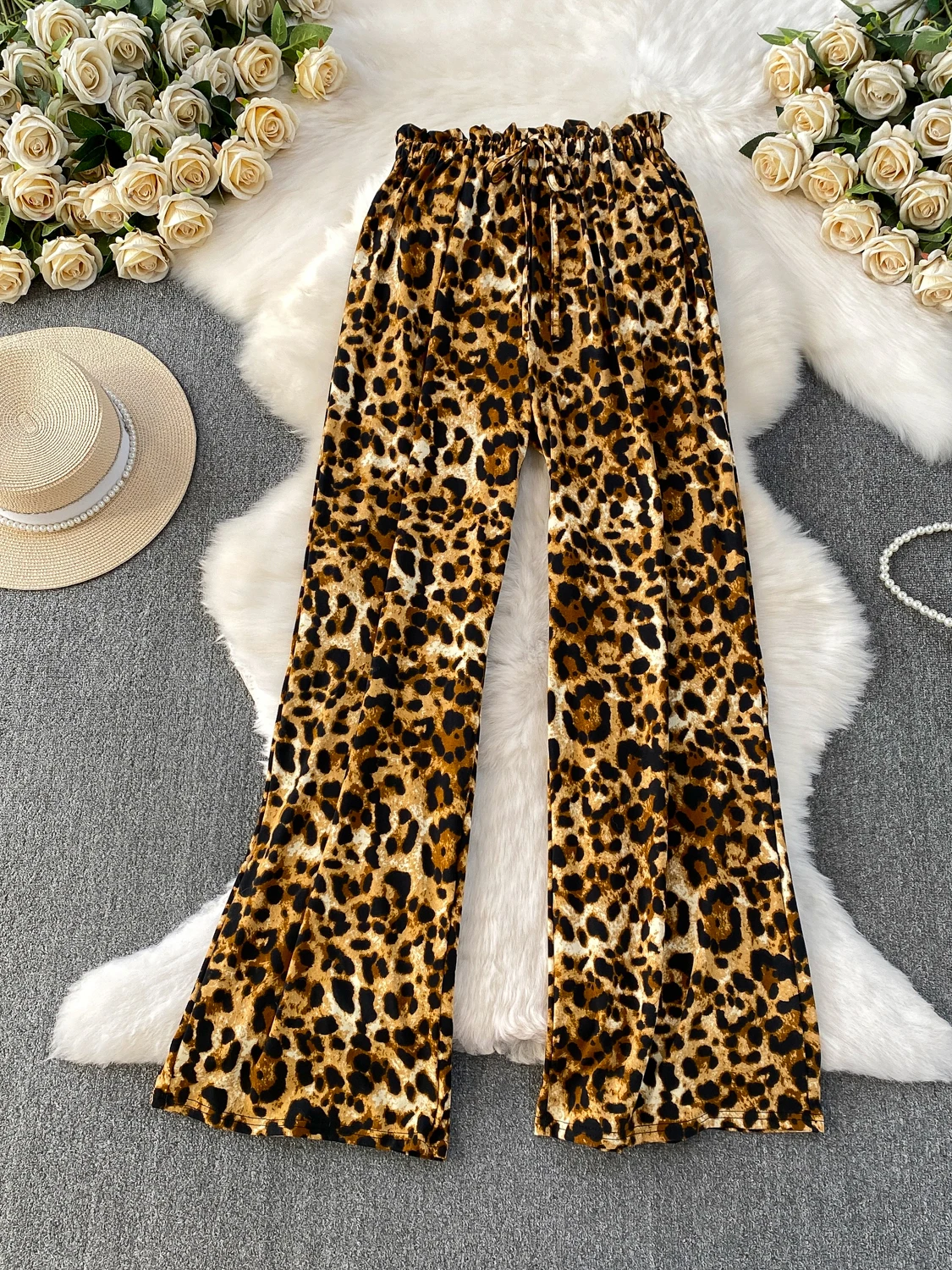 العصرية ليوبارد طباعة بنطال ذو قصة أرجل واسعة المرأة عادية عالية الخصر التخسيس متوهج السراويل ربيع الخريف جديد Sle الساخن فتاة Faion #3