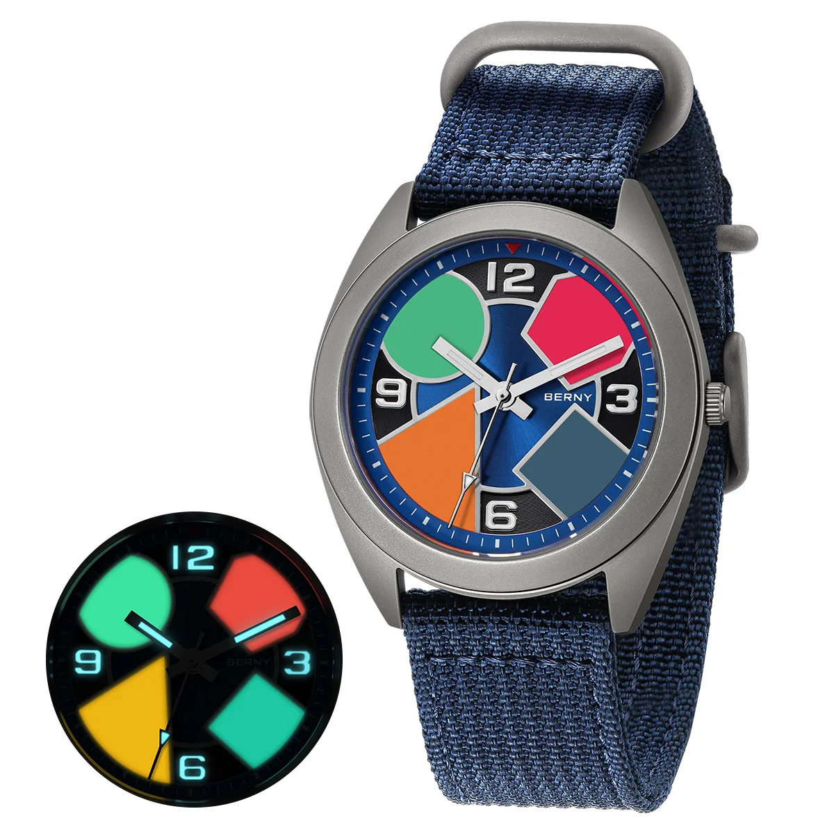 BERNY Titanium Watch for Men Geometric Dial AR Coating Sapphire Eye-catching Multi-color Luminous Canvas Titanium Watch for Men