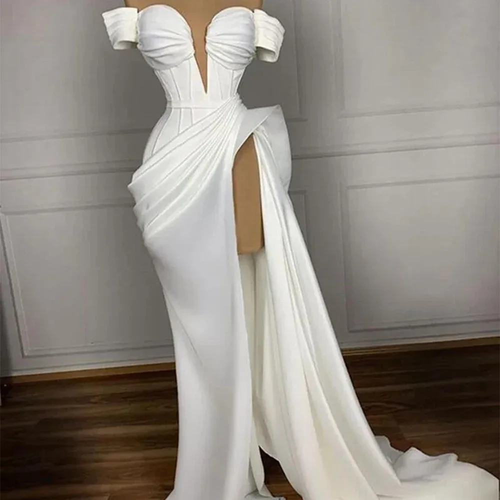 

Elegant White Evening Dresses Off The Shoulder Pleat Mermaid Prom Gowns Fashion Sweep Train High Side Slit Party Dresses
