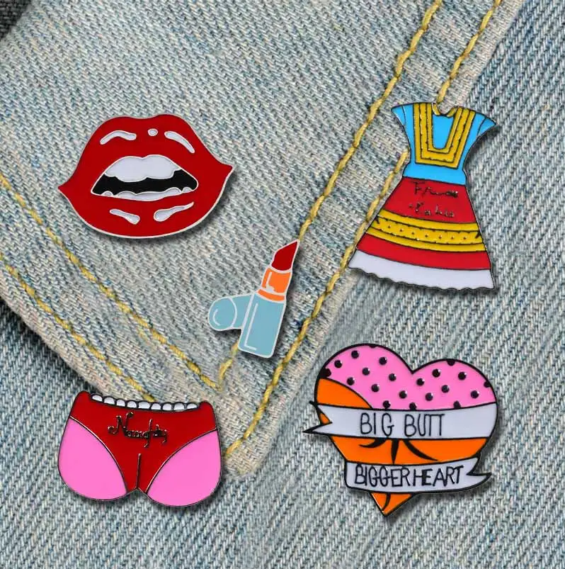 Enamel Pin Sexy Women Girl Lapel Pin Big Button Heart Brooches Denim Lapel Shirt Buckle Bag Badge Jewelry Lips Lipstick Dress