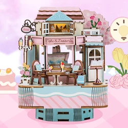 DIY Wooden Cake Dessert Shop Music Box 3D Puzzles Miniature Model Kits Can Move Jigsaw for Children Xmas Gifts Home Decoration