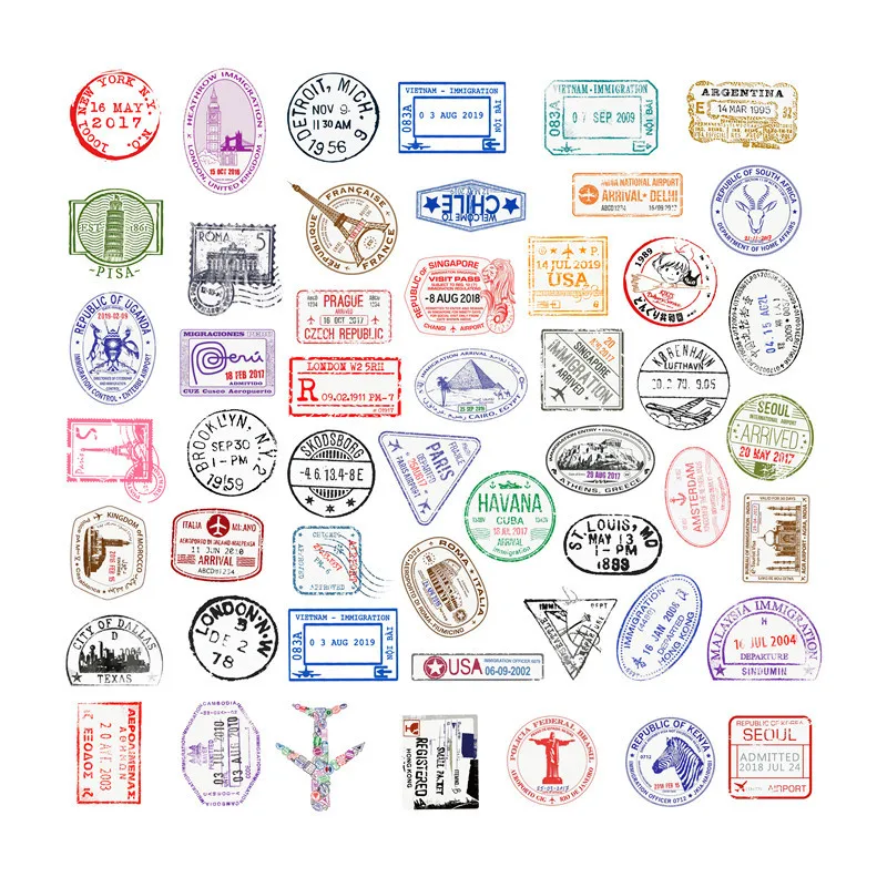 10/30/50PCS Retro Transparent Postmark Stickers DIY Skateboard Fridge Guitar Travel Luggage PVC Waterproof Cool Sticker Kids Toy