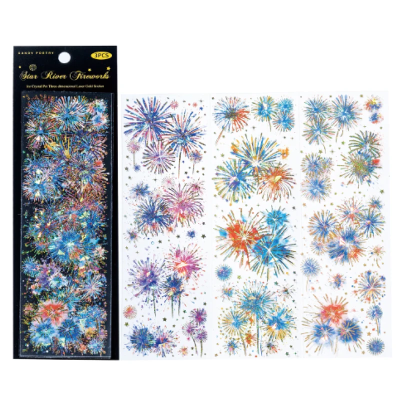 3Pcs/Bag Waterproof PET Material Stickers Holiday Celebration Firework Pattern Creative Greeting Card Cup Photo Frame Decoration